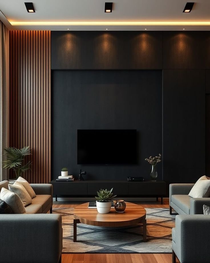 Model Ruang TV  Wall Panel Kayu Gelap Elegan