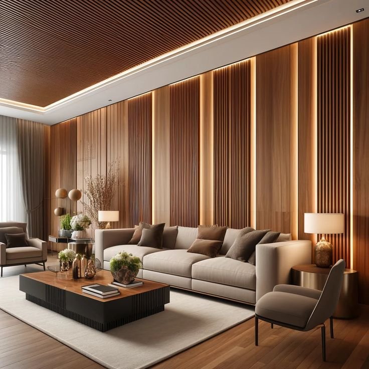 Wall Panel Kombinasi Kayu dan Tekstur Halus